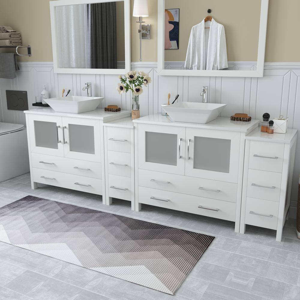 Vanity Art Ravenna 96 in. W Bathroom Vanity in White with Double Basin in White Engineered Marble Top and Mirrors
