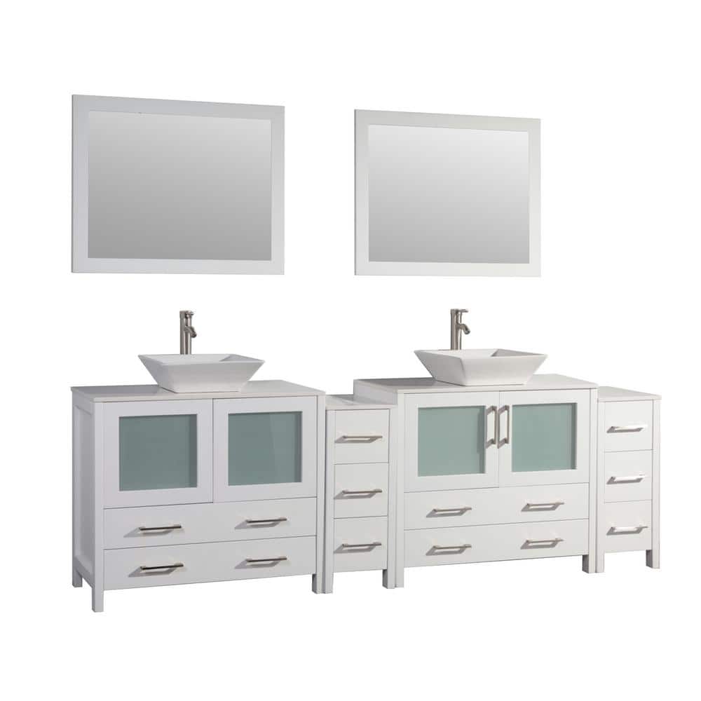 Vanity Art Ravenna 96 in. W Bathroom Vanity in White with Double Basin in White Engineered Marble Top and Mirrors