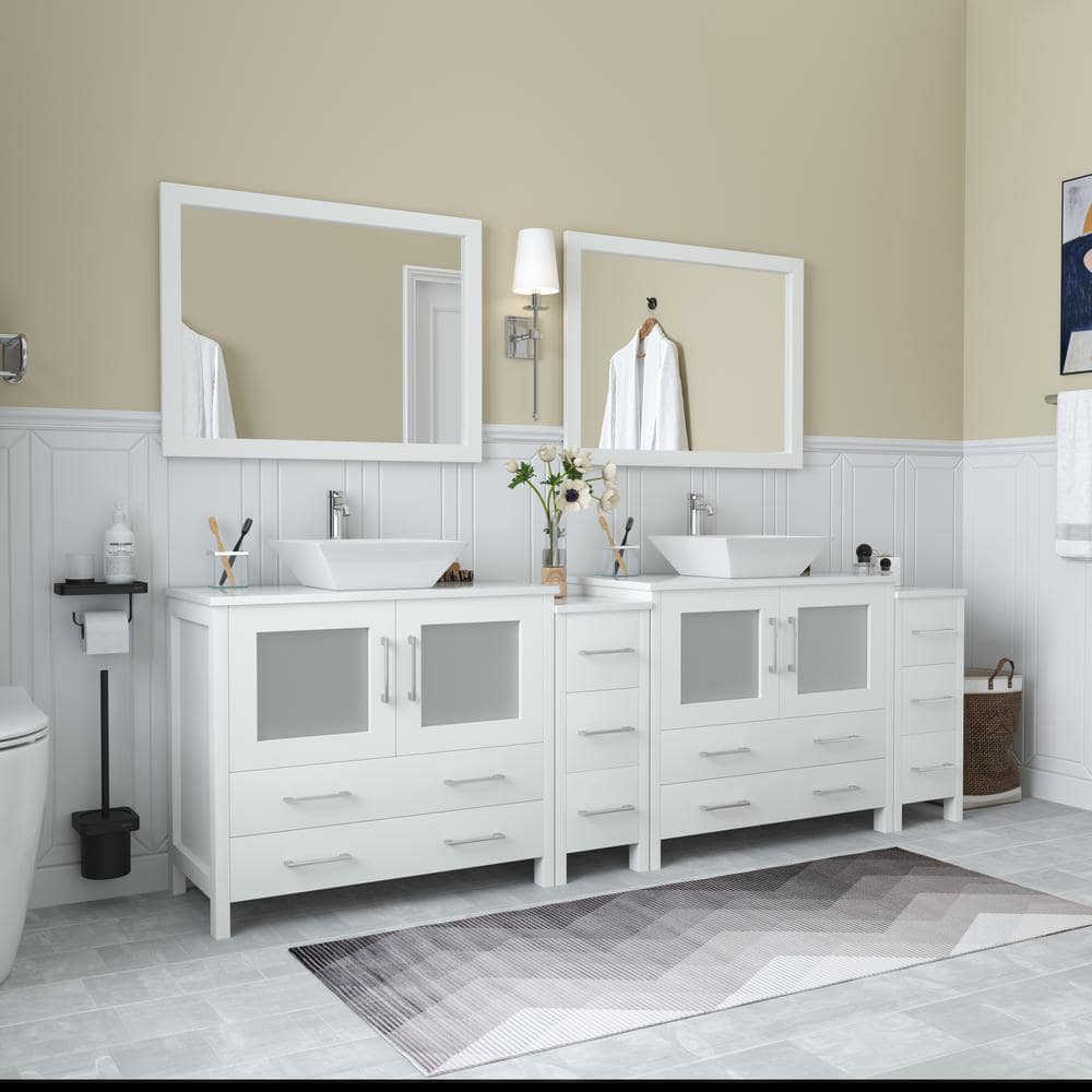 Vanity Art Ravenna 96 in. W Bathroom Vanity in White with Double Basin in White Engineered Marble Top and Mirrors