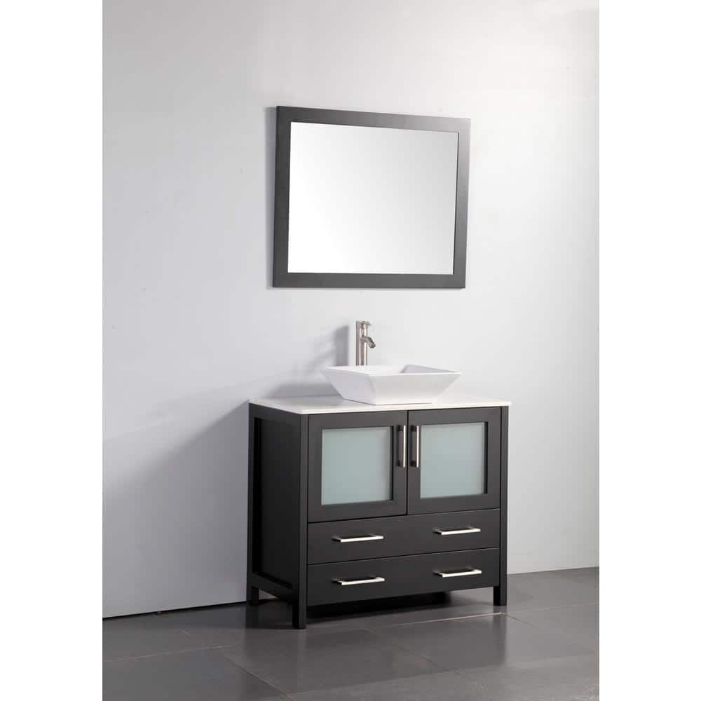 Vanity Art Ravenna 36 in. W Bathroom Vanity in Espresso with Single Basin in White Engineered Marble Top and Mirror