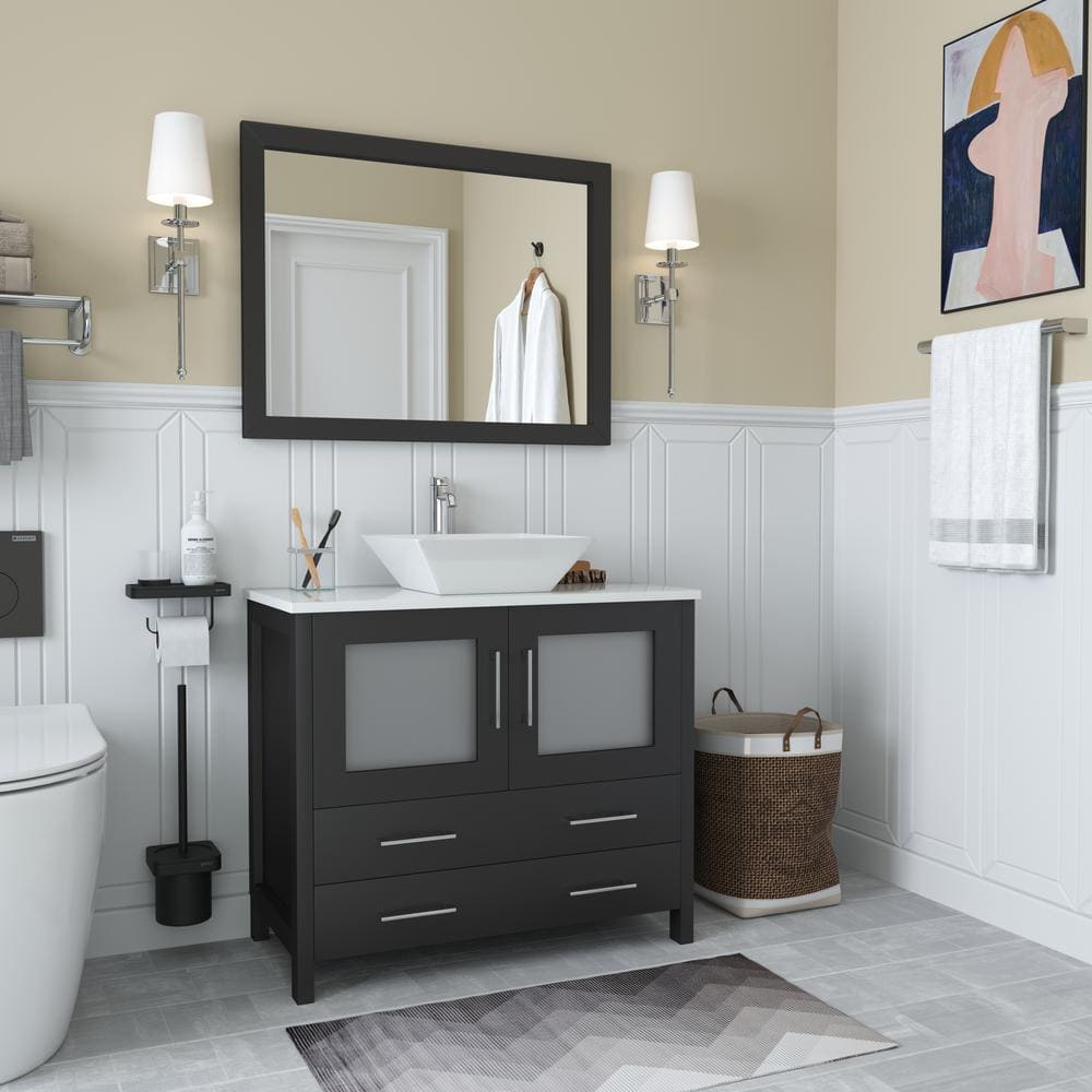 Vanity Art Ravenna 36 in. W Bathroom Vanity in Espresso with Single Basin in White Engineered Marble Top and Mirror