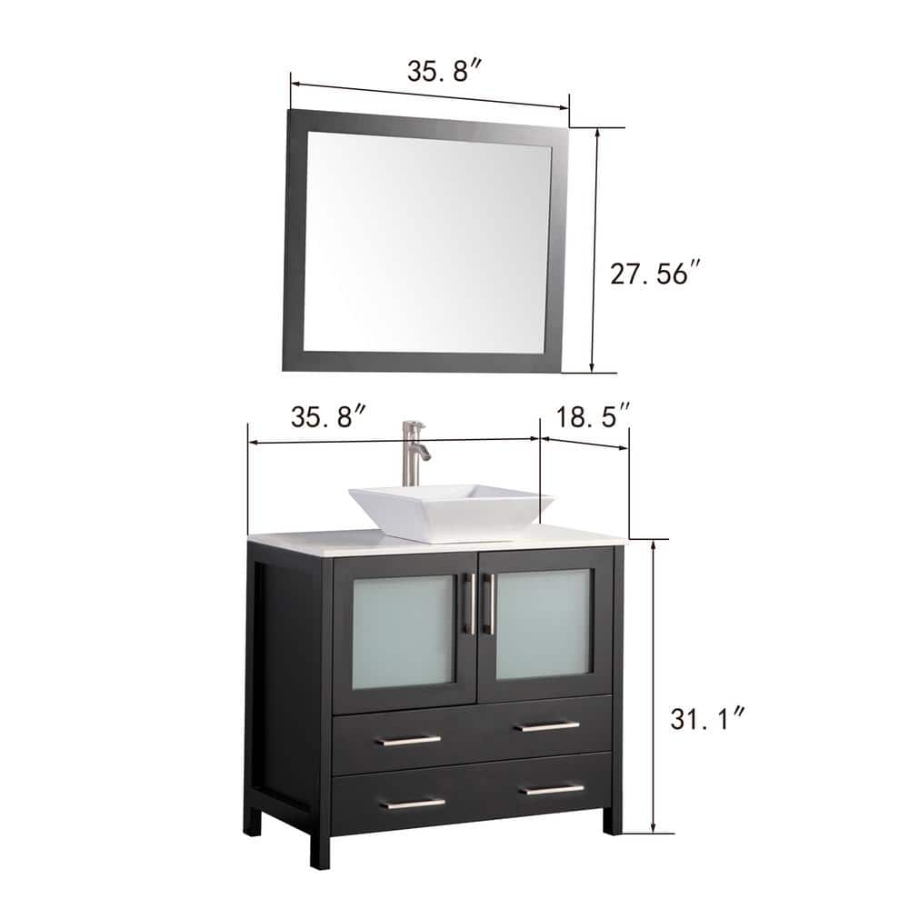 Vanity Art Ravenna 36 in. W Bathroom Vanity in Espresso with Single Basin in White Engineered Marble Top and Mirror