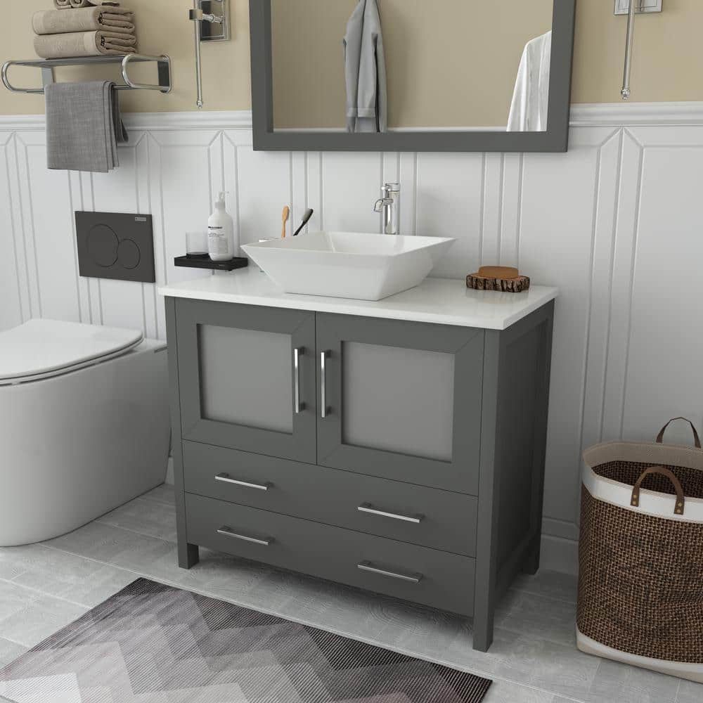 Vanity Art Ravenna 36 in. W Bathroom Vanity in Grey with Single Basin in White Engineered Marble Top and Mirror
