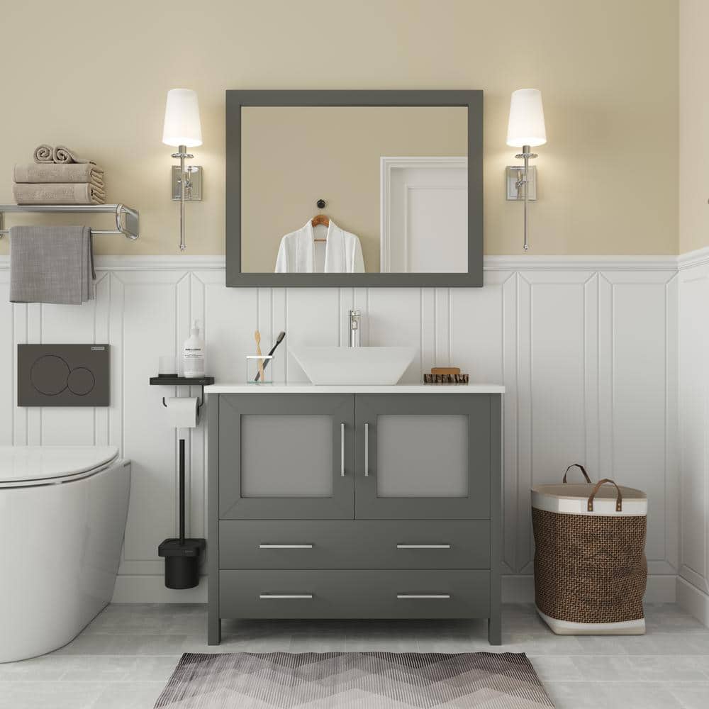 Vanity Art Ravenna 36 in. W Bathroom Vanity in Grey with Single Basin in White Engineered Marble Top and Mirror