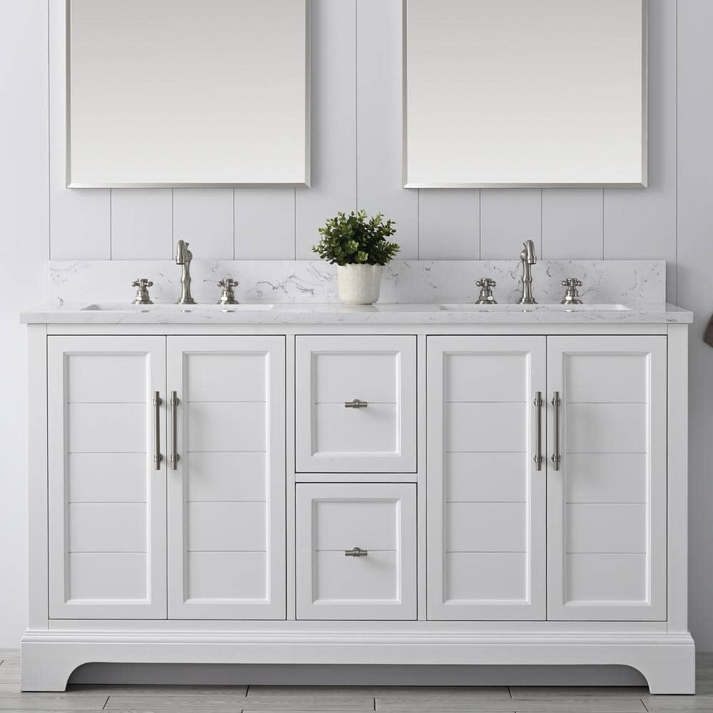 Vanity Art Laval 60 in. W x 22 in. D x 34.5 in. H Bathroom Vanity in White with Engineered Marble Top