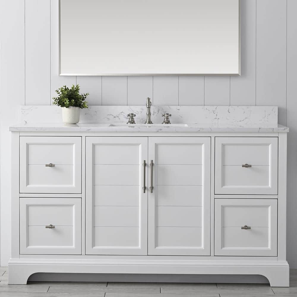 Vanity Art Chambery 60 in. W x 22 in. D x 34.5 in. H Bathroom Vanity in White with Engineered Marble Top