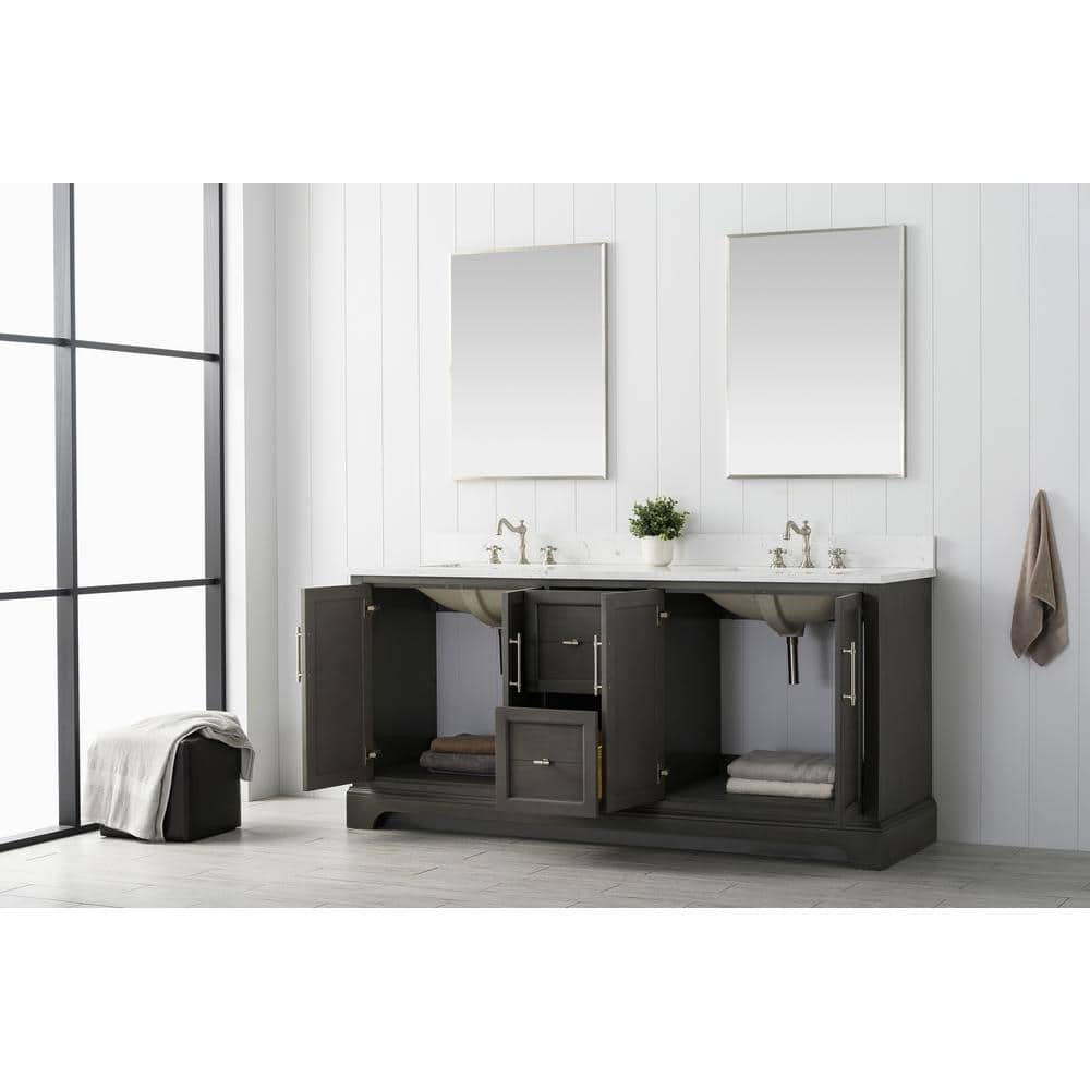 Vanity Art Chambery 72 in. W x 22 in. D x 34.5 in. H Bathroom Vanity in Silver Grey with Engineered Marble Top
