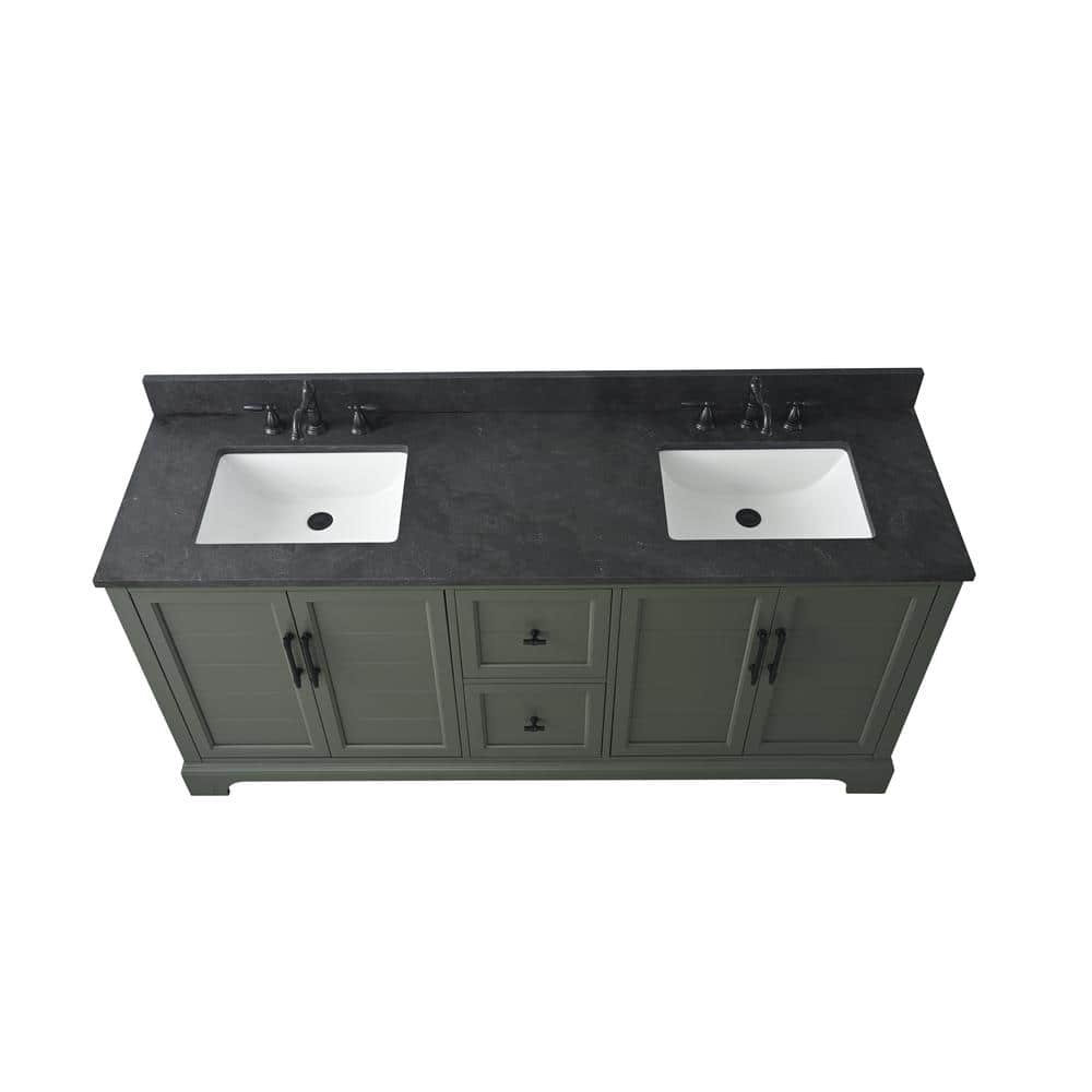 Vanity Art Chambery 72 in. W x 22 in. D x 34.5 in. H Double Sink Freestanding Bath Vanity in Vintage Green with Stone Top in Black