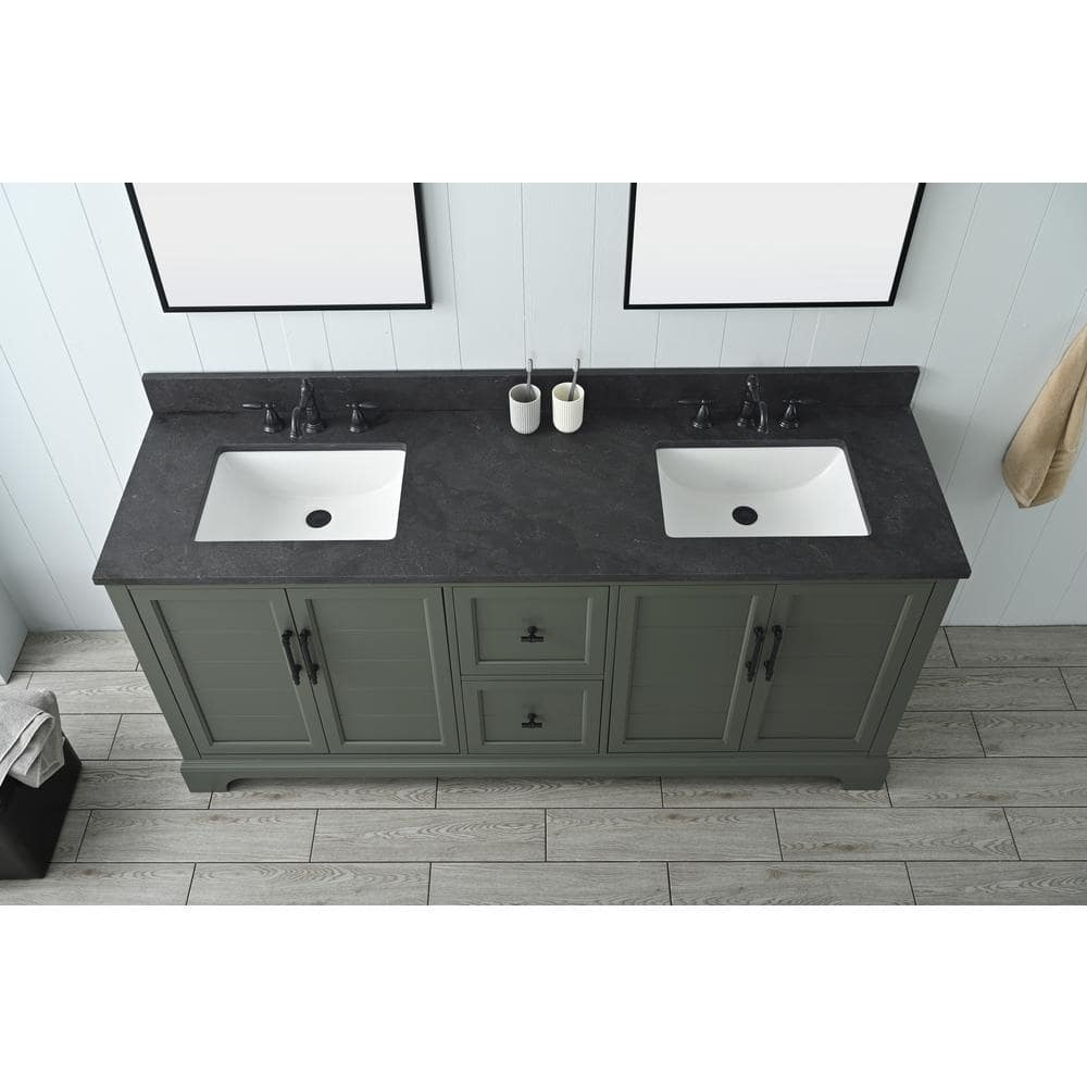 Vanity Art Chambery 72 in. W x 22 in. D x 34.5 in. H Double Sink Freestanding Bath Vanity in Vintage Green with Stone Top in Black