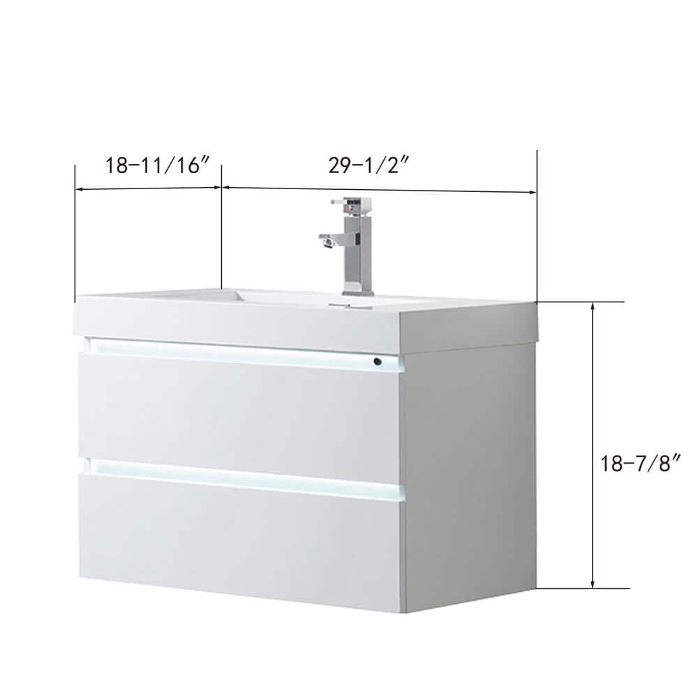 Vanity Art Annecy 30 in. W x 18.5 in. D x 20 in. H Bathroom Wall Hung LED Vanity in White w/ Single Basin Vanity Top in White Resin