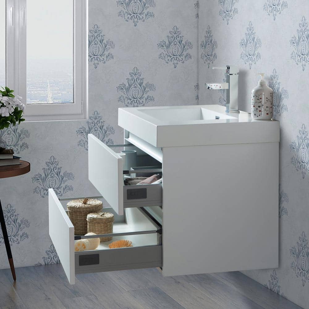 Vanity Art Annecy 30 in. W x 18.5 in. D x 20 in. H Bathroom Wall Hung LED Vanity in White w/ Single Basin Vanity Top in White Resin