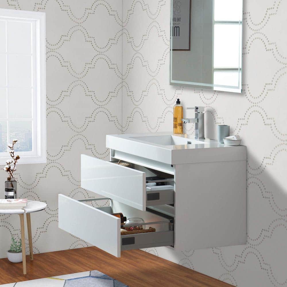 Vanity Art Annecy 36 in. W x 18.5 in. D x 20 in. H Bathroom Wall Hung LED Vanity in White with Single Basin Vanity Top in White Resin