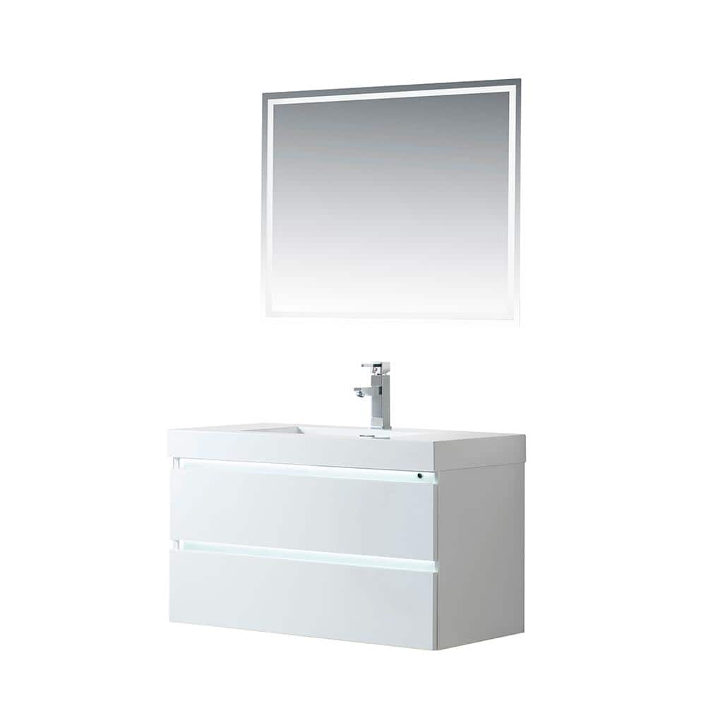 Vanity Art Annecy 36 in. W x 18.5 in. D x 20 in. H Bathroom Wall Hung LED Vanity in White with Single Basin Vanity Top in White Resin