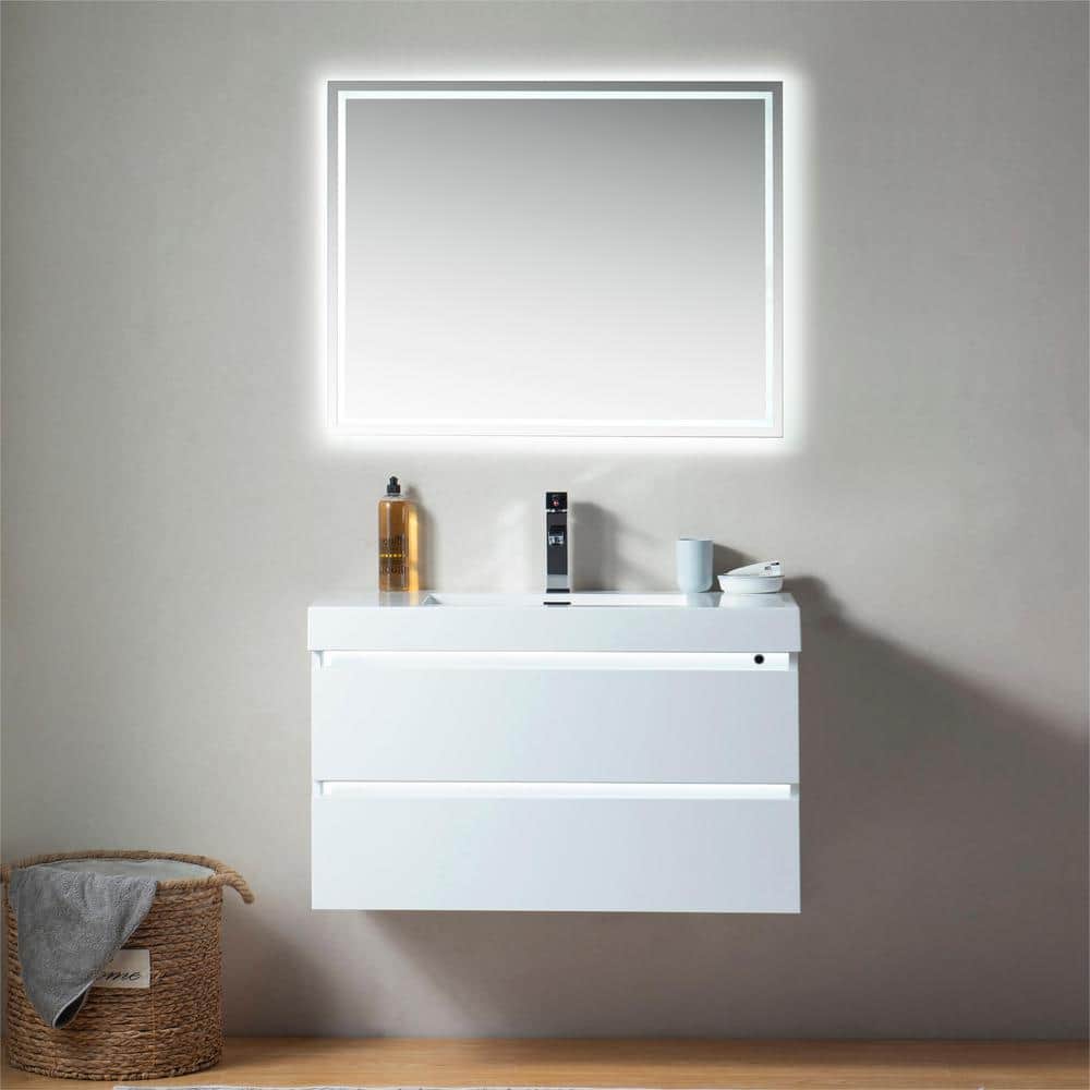 Vanity Art Annecy 36 in. W x 18.5 in. D x 20 in. H Bathroom Wall Hung LED Vanity in White with Single Basin Vanity Top in White Resin