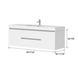 Vanity Art Annecy 60 in. W x 18.5 in. D x 20 in. H Bathroom Wall Hung Vanity in White with Single Basin Vanity Top in White Resin