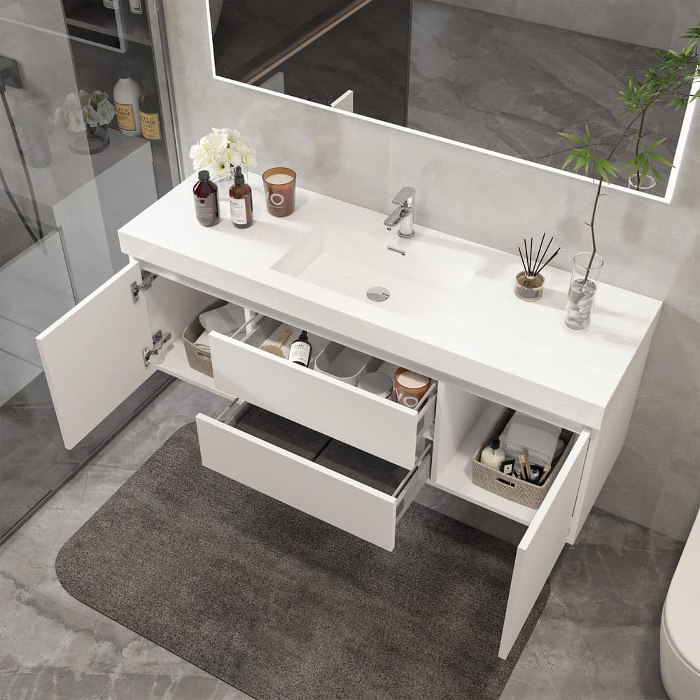 Vanity Art Annecy 60 in. W x 18.5 in. D x 20 in. H Bathroom Wall Hung Vanity in White with Single Basin Vanity Top in White Resin