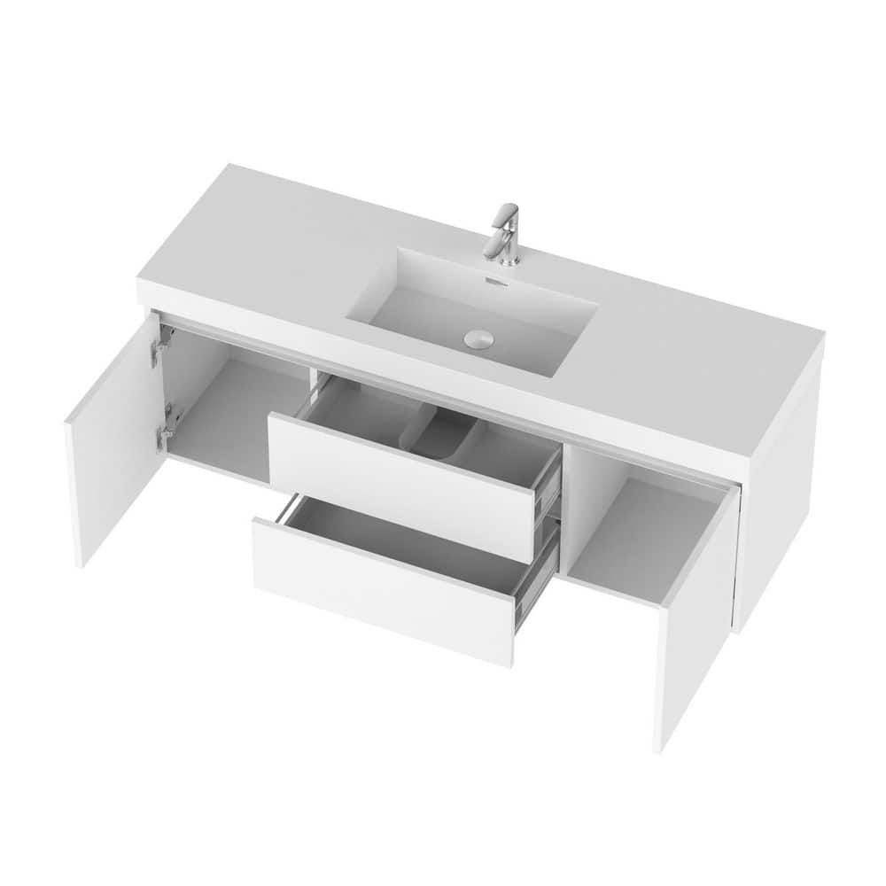 Vanity Art Annecy 60 in. W x 18.5 in. D x 20 in. H Bathroom Wall Hung Vanity in White with Single Basin Vanity Top in White Resin