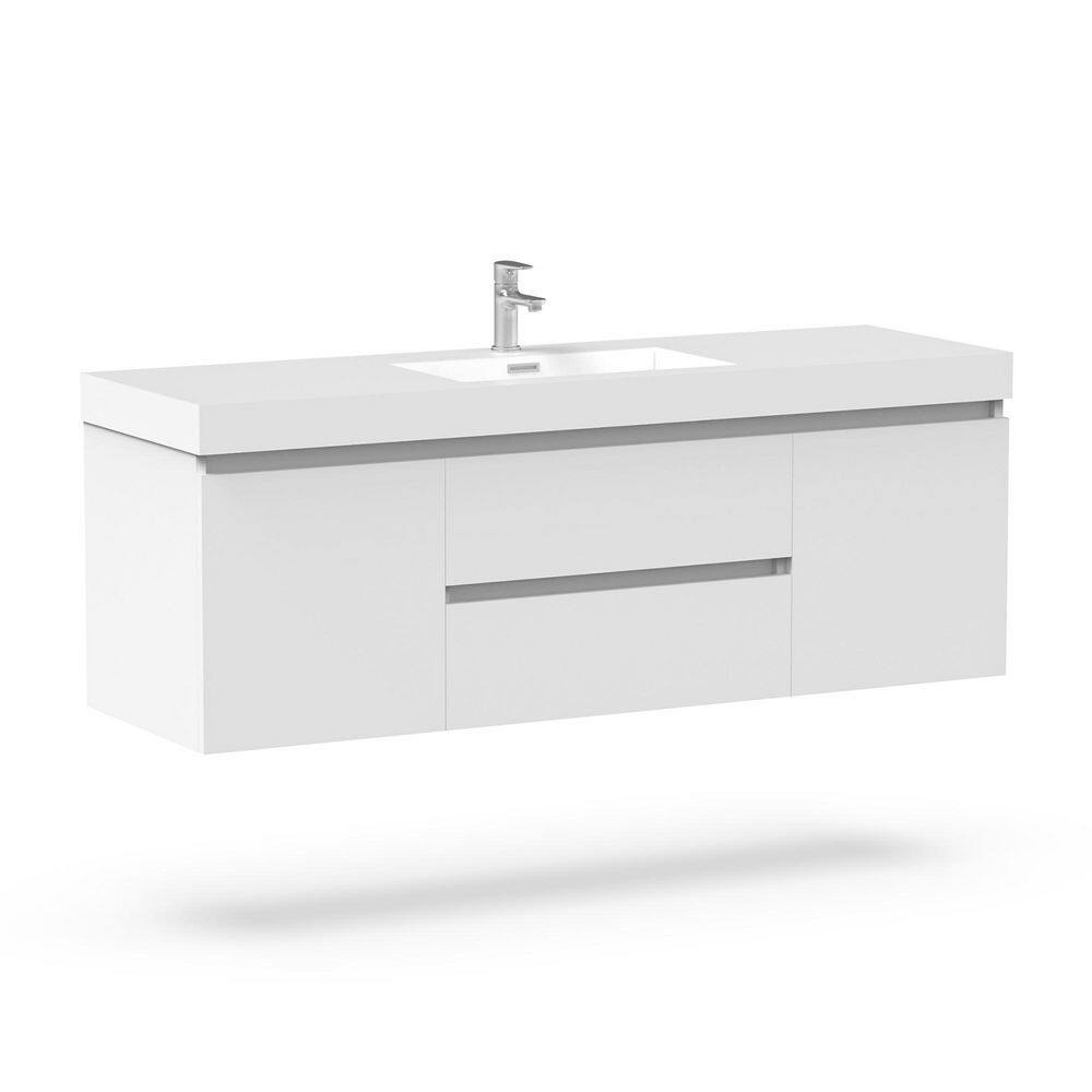 Vanity Art Annecy 60 in. W x 18.5 in. D x 20 in. H Bathroom Wall Hung Vanity in White with Single Basin Vanity Top in White Resin