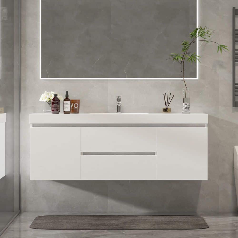 Vanity Art Annecy 60 in. W x 18.5 in. D x 20 in. H Bathroom Wall Hung Vanity in White with Single Basin Vanity Top in White Resin