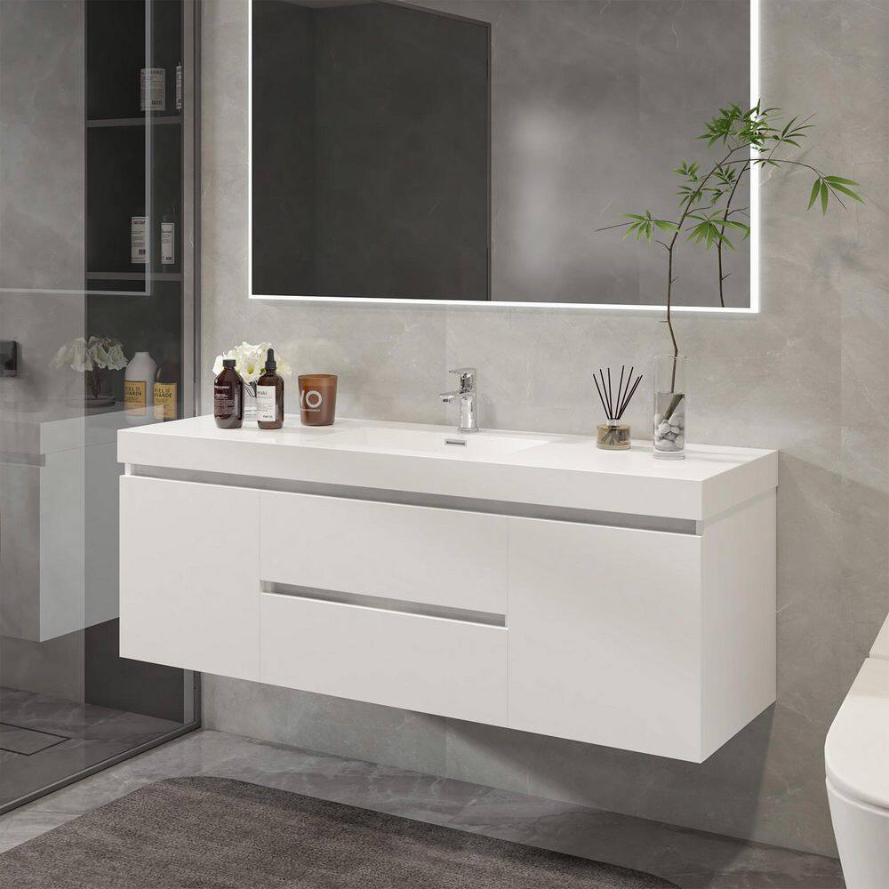 Vanity Art Annecy 60 in. W x 18.5 in. D x 20 in. H Bathroom Wall Hung Vanity in White with Single Basin Vanity Top in White Resin
