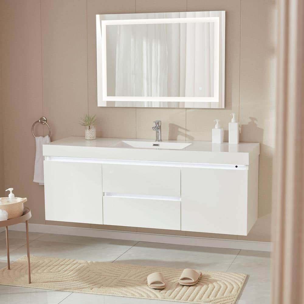 Vanity Art Annecy 60 in. W x 18.5 in. D x 20 in. H Bathroom Wall Hung LED Vanity in White w/ Single Basin Vanity Top in White Resin