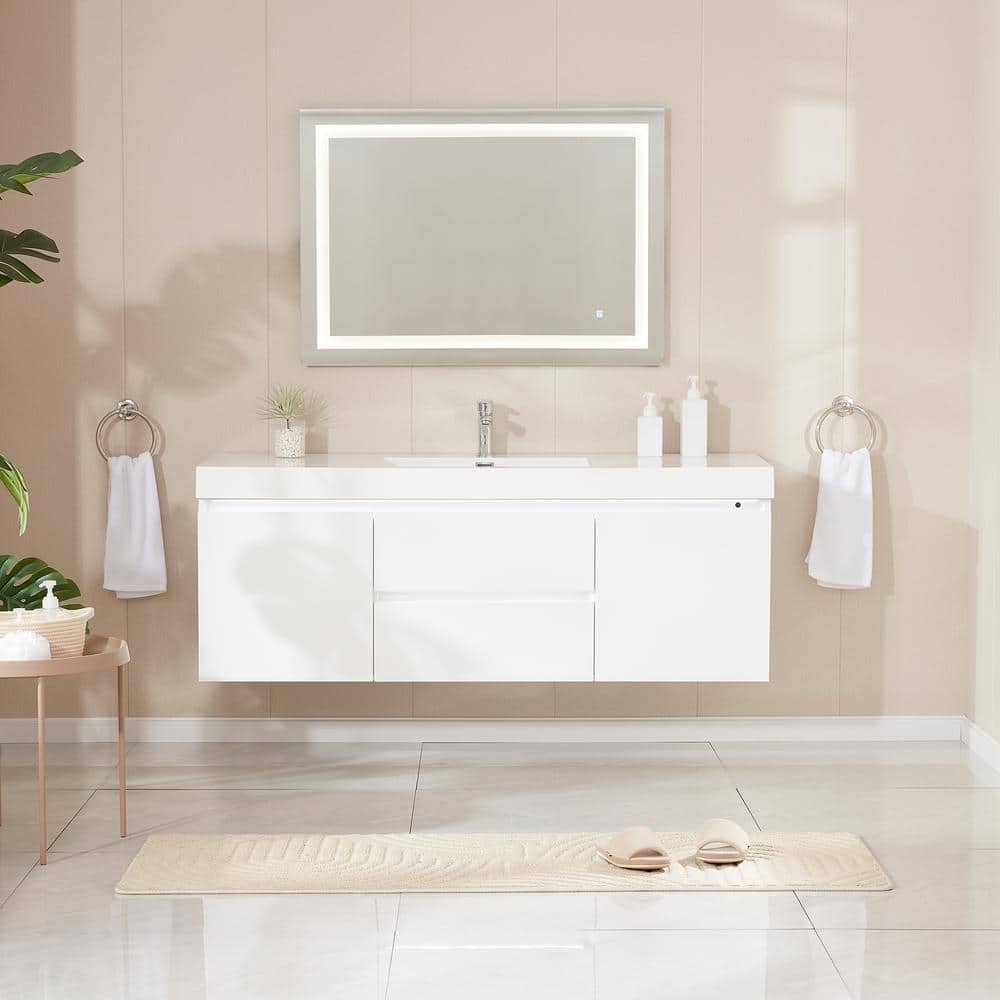 Vanity Art Annecy 60 in. W x 18.5 in. D x 20 in. H Bathroom Wall Hung LED Vanity in White w/ Single Basin Vanity Top in White Resin