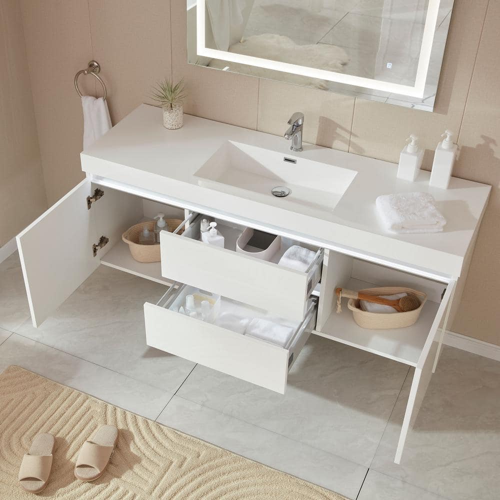 Vanity Art Annecy 60 in. W x 18.5 in. D x 20 in. H Bathroom Wall Hung LED Vanity in White w/ Single Basin Vanity Top in White Resin