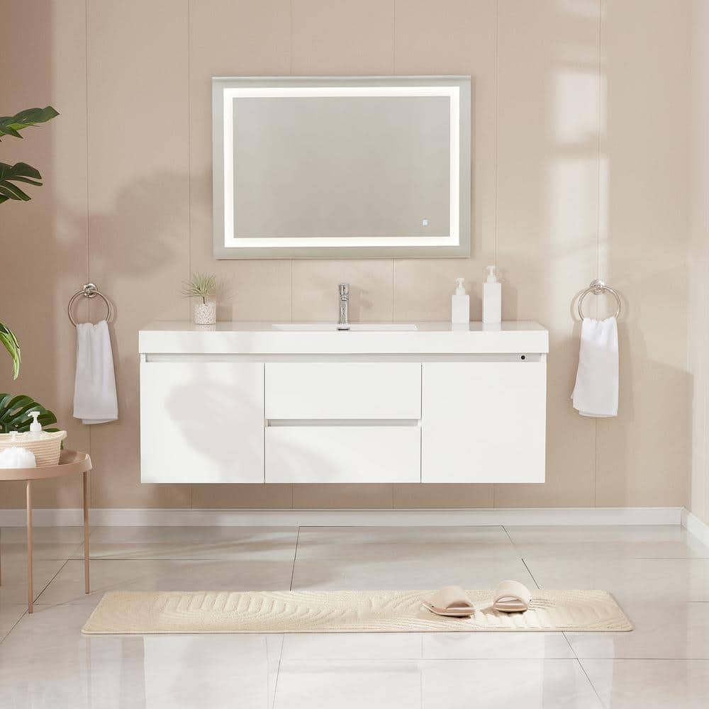 Vanity Art Annecy 60 in. W x 18.5 in. D x 20 in. H Bathroom Wall Hung LED Vanity in White w/ Single Basin Vanity Top in White Resin