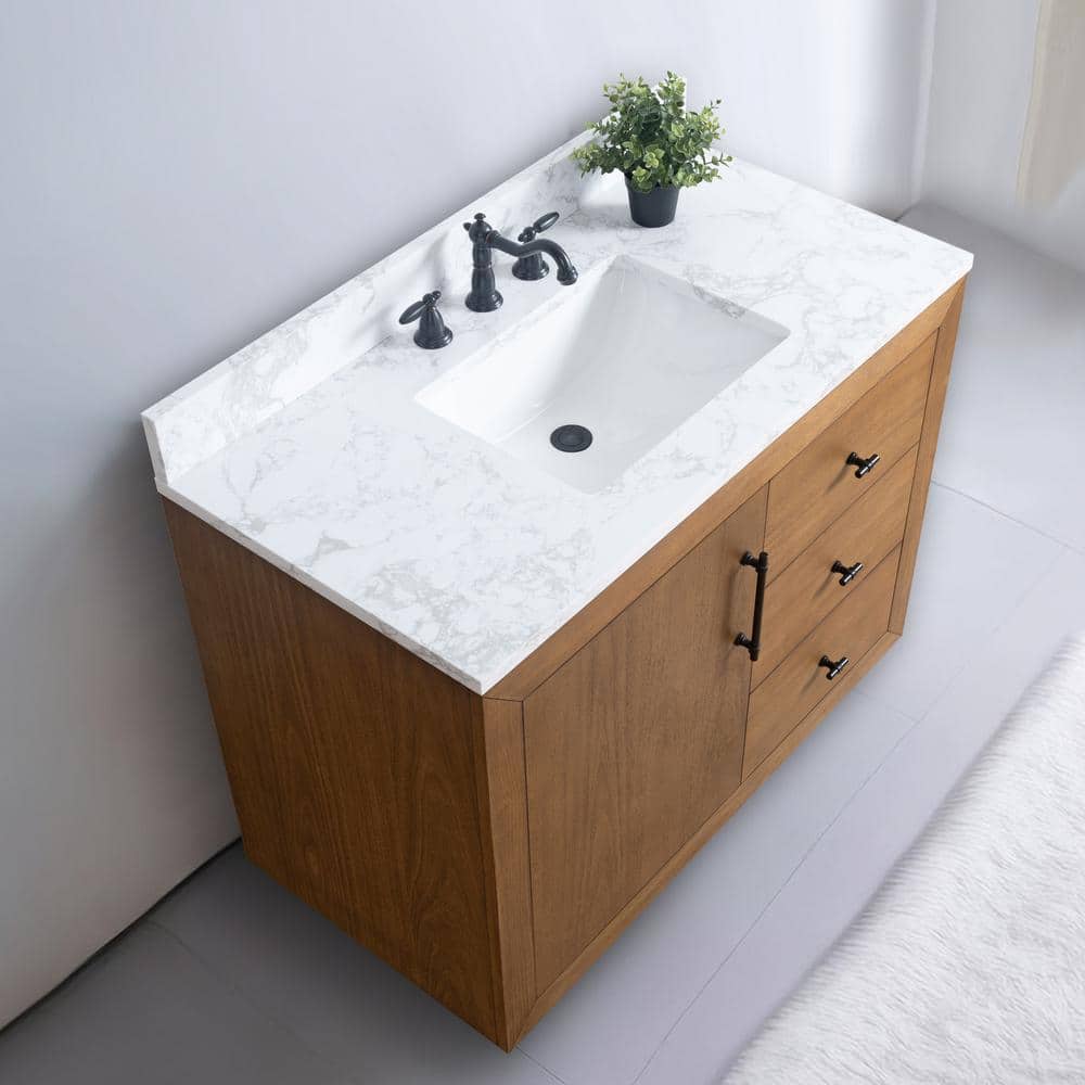 Vanity Art 42 in. W x 21.5 in. D x 34 in. H Single Sink Bathroom Vanity in Tan with Arabescato White Engineered Marble Top