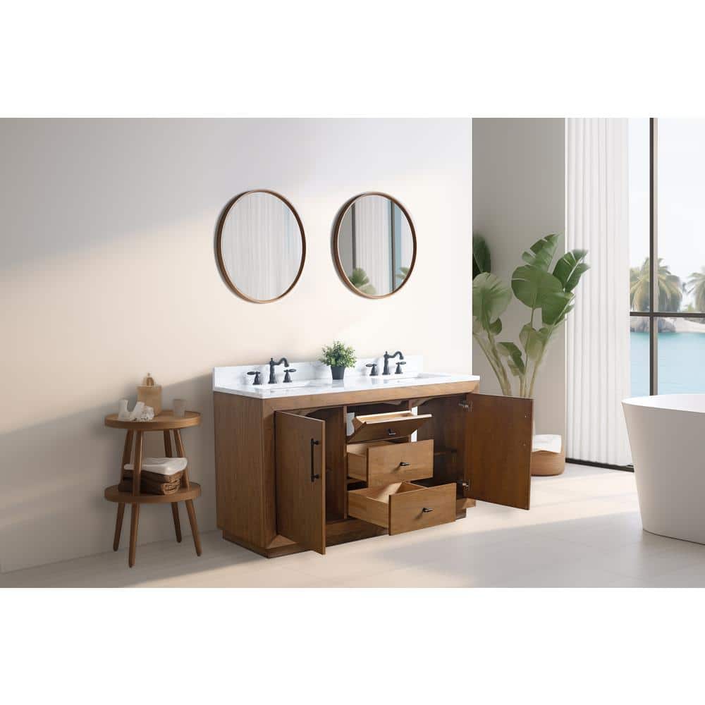 Vanity Art 60 in. W x 21.5 in. D x 34 in. H Double Sink Bathroom Vanity in Tan with Arabescato White Engineered Marble Top