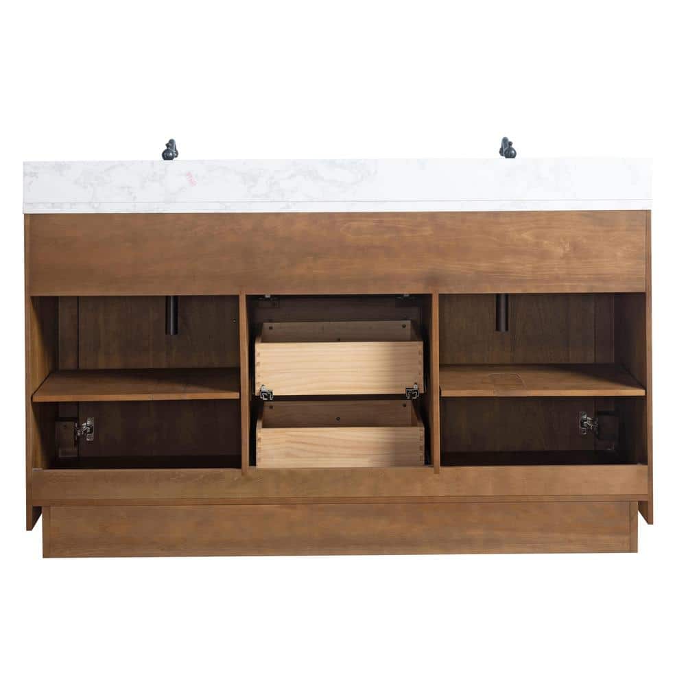 Vanity Art 60 in. W x 21.5 in. D x 34 in. H Double Sink Bathroom Vanity in Tan with Arabescato White Engineered Marble Top