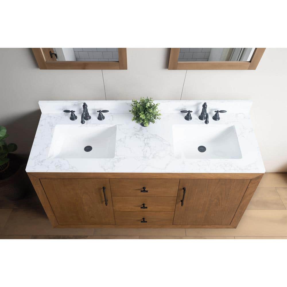 Vanity Art 60 in. W x 21.5 in. D x 34 in. H Double Sink Bathroom Vanity in Tan with Arabescato White Engineered Marble Top
