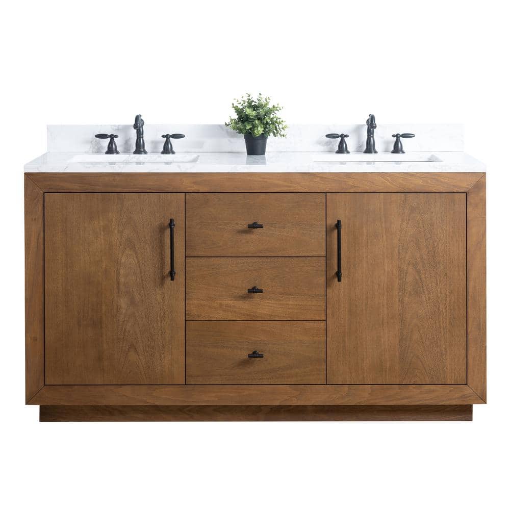 Vanity Art 60 in. W x 21.5 in. D x 34 in. H Double Sink Bathroom Vanity in Tan with Arabescato White Engineered Marble Top