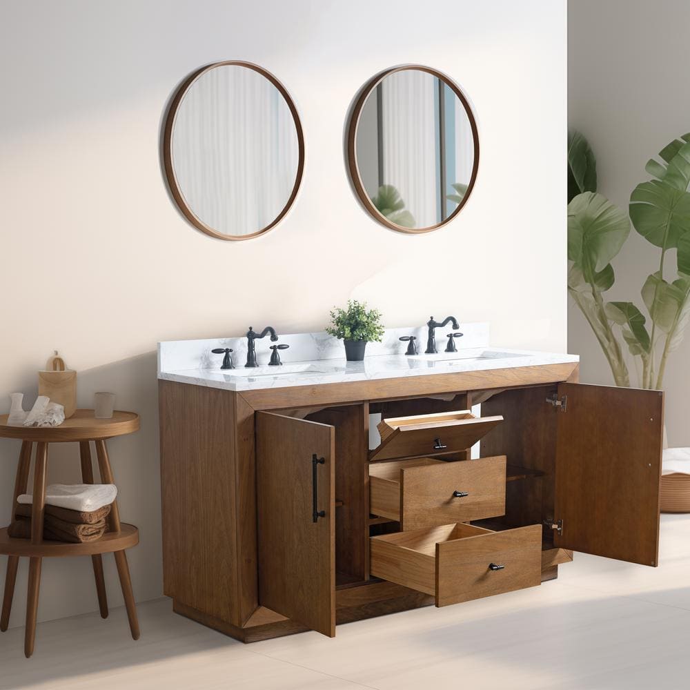 Vanity Art 60 in. W x 21.5 in. D x 34 in. H Double Sink Bathroom Vanity in Tan with Arabescato White Engineered Marble Top