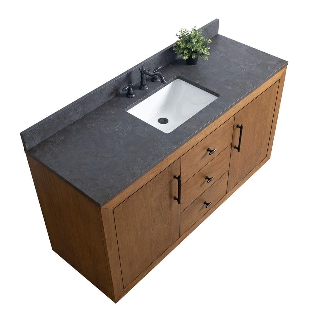 Vanity Art 60 in. W x 21.5 in. D x 34 in. H Single Sink Bathroom Vanity in Tan with Black Limestone Top