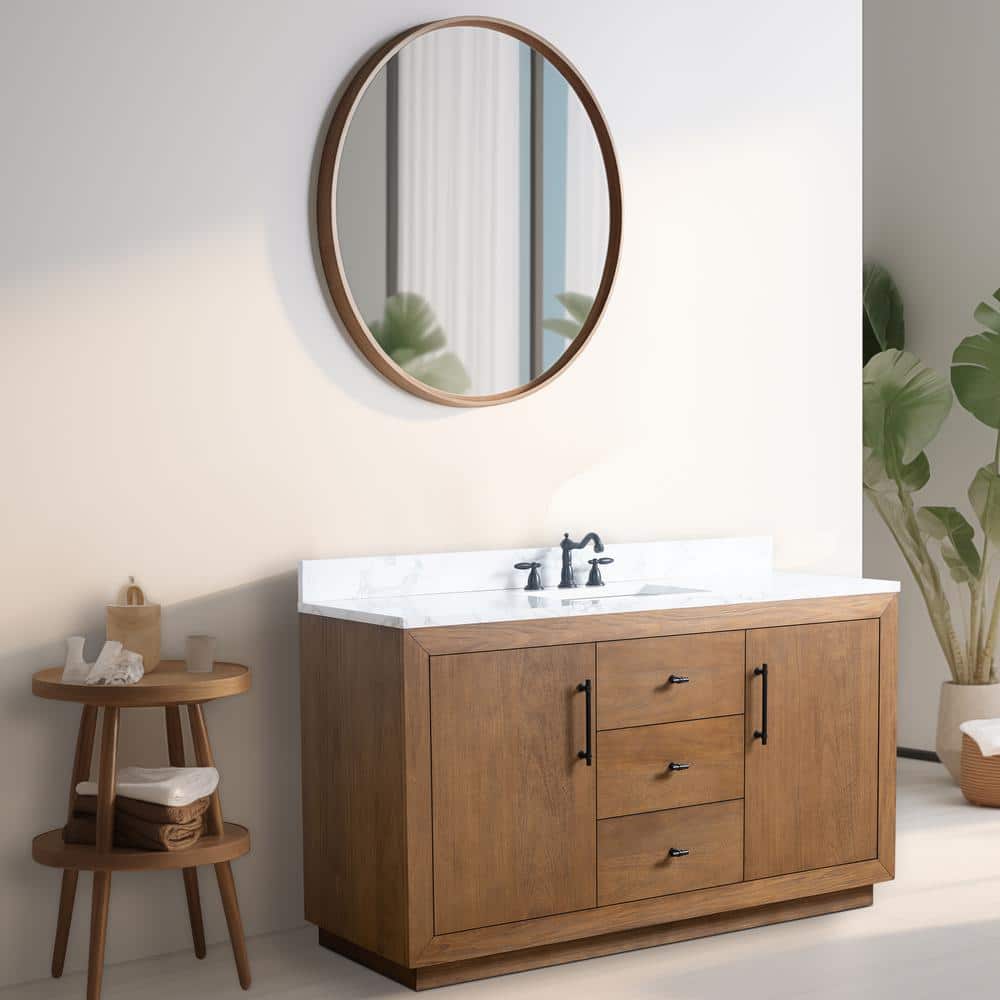 Vanity Art 60 in. W x 21.5 in. D x 34 in. H Single Sink Bathroom Vanity in Tan with Arabescato White Engineered Marble Top