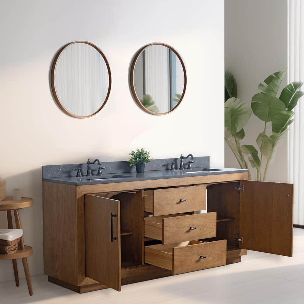 Vanity Art 72 in. W x 21.5 in. D x 34 in. H Double Sink Bathroom Vanity in Tan with Black Limestone Top