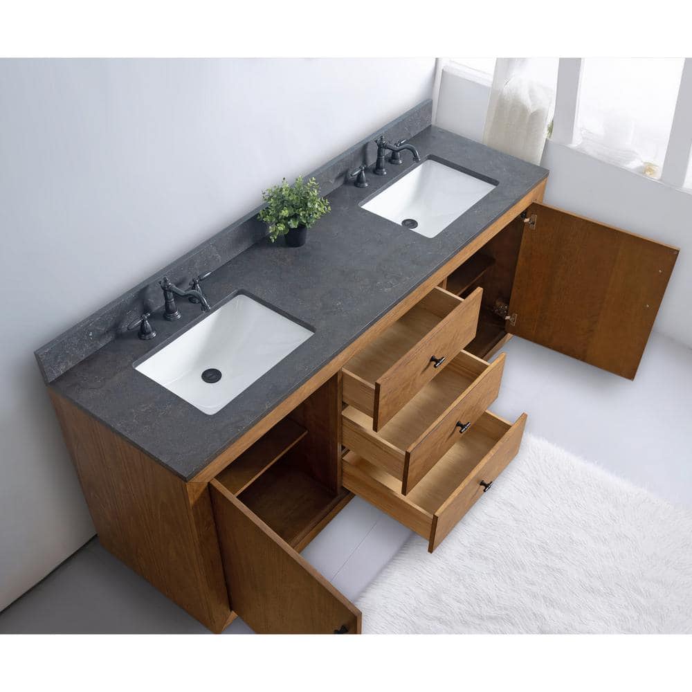 Vanity Art 72 in. W x 21.5 in. D x 34 in. H Double Sink Bathroom Vanity in Tan with Black Limestone Top