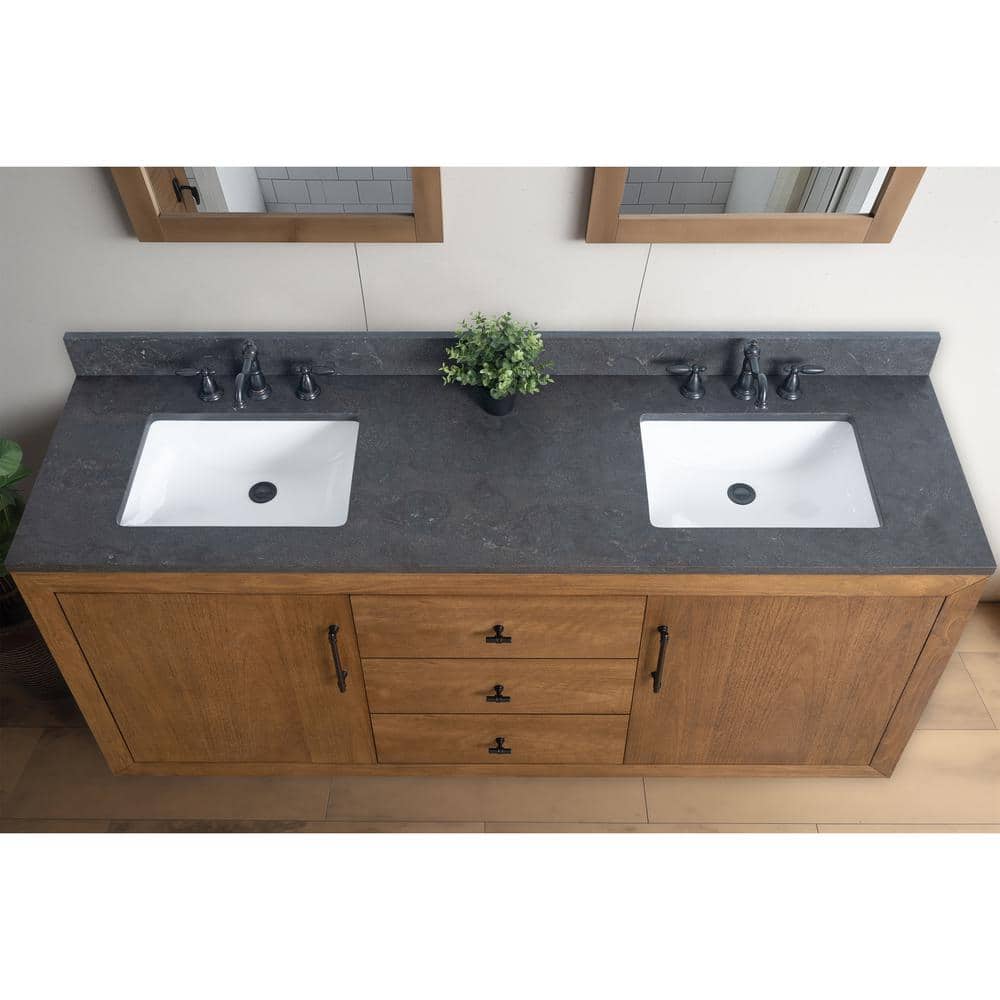 Vanity Art 72 in. W x 21.5 in. D x 34 in. H Double Sink Bathroom Vanity in Tan with Black Limestone Top