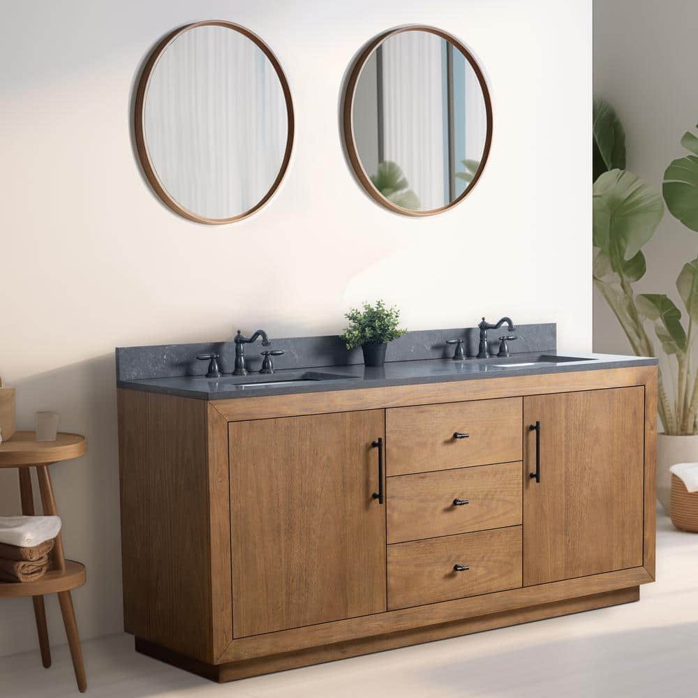 Vanity Art 72 in. W x 21.5 in. D x 34 in. H Double Sink Bathroom Vanity in Tan with Black Limestone Top