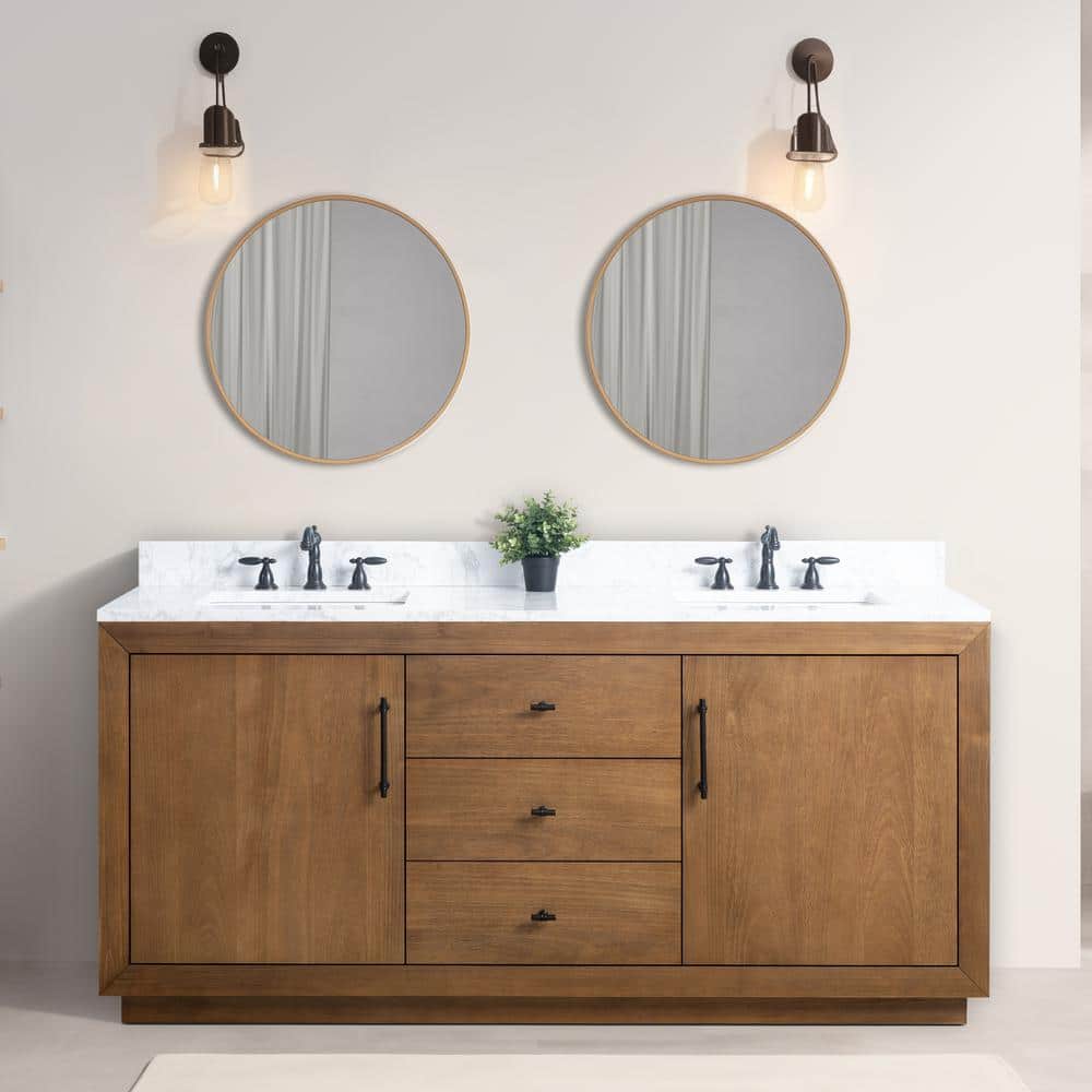 Vanity Art 72 in. W x 21.5 in. D x 34 in. H Double Sink Bathroom Vanity in Tan with Arabescato White Engineered Marble Top