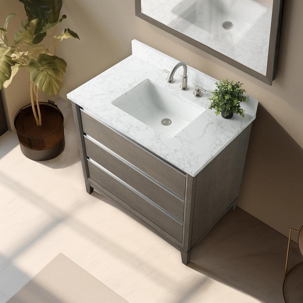 Vanity Art 36 in. W x 22 in. D x 34 in. H Single Sink Bathroom Vanity in Driftwood Gray with Engineered Marble Top