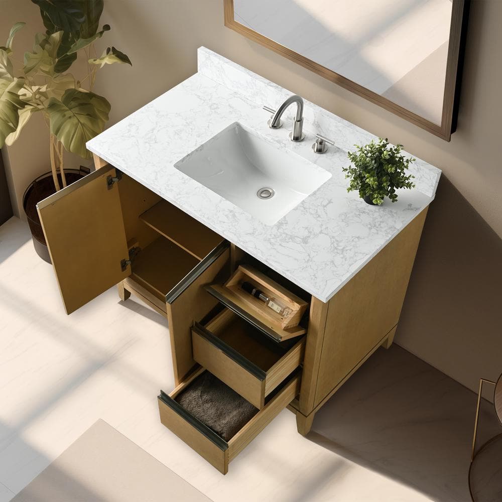Vanity Art 42 in. W x 22 in. D x 34 in. H Single Sink Bathroom Vanity in Natural Oak with Engineered Marble Top