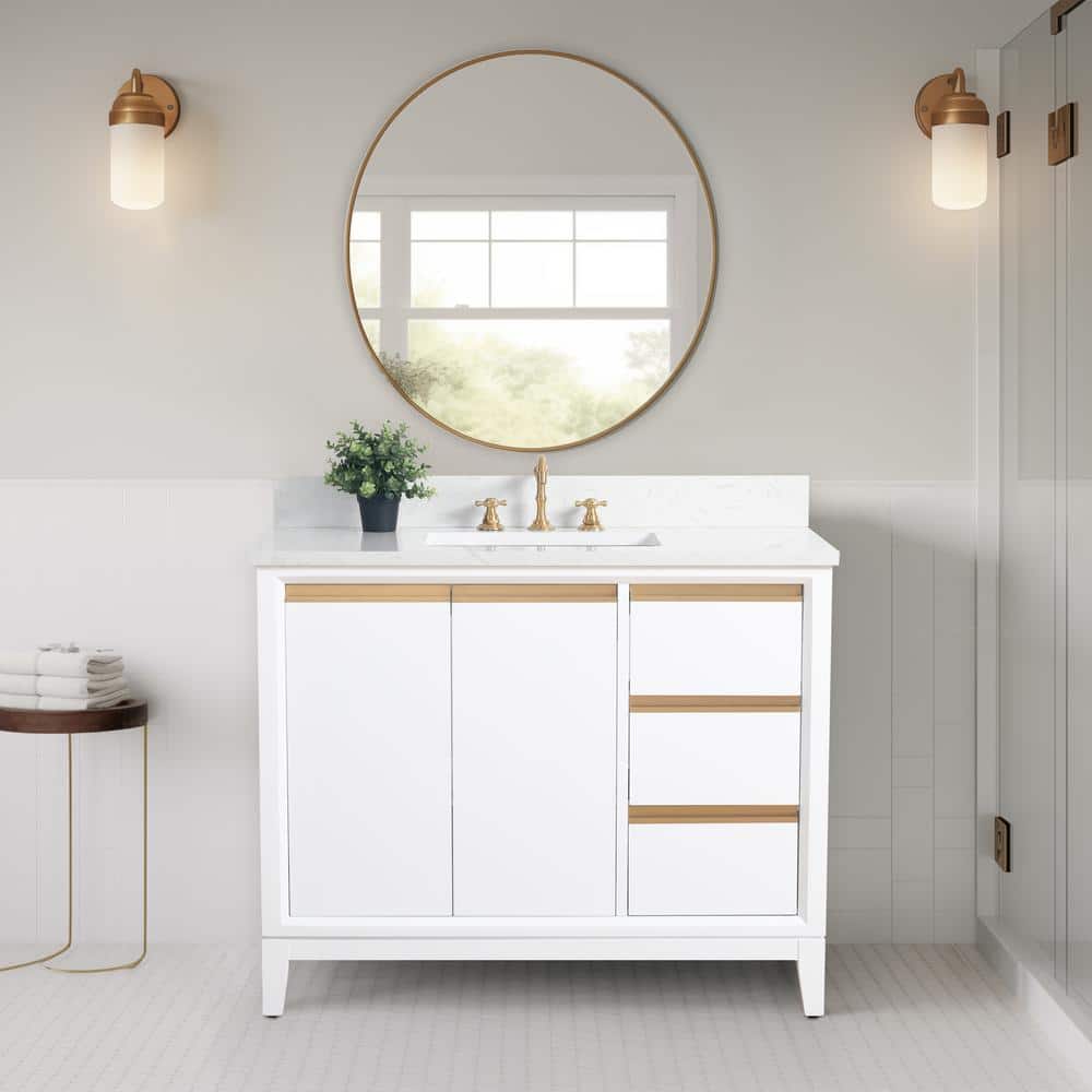 Vanity Art 42 in. W x 22 in. D x 34 in. H Single Sink Bathroom Vanity in White with Engineered Marble Top