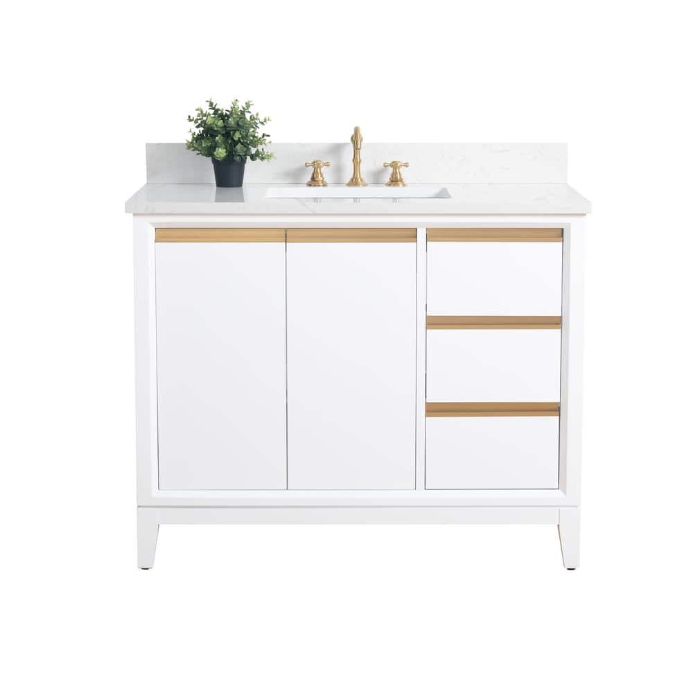 Vanity Art 42 in. W x 22 in. D x 34 in. H Single Sink Bathroom Vanity in White with Engineered Marble Top