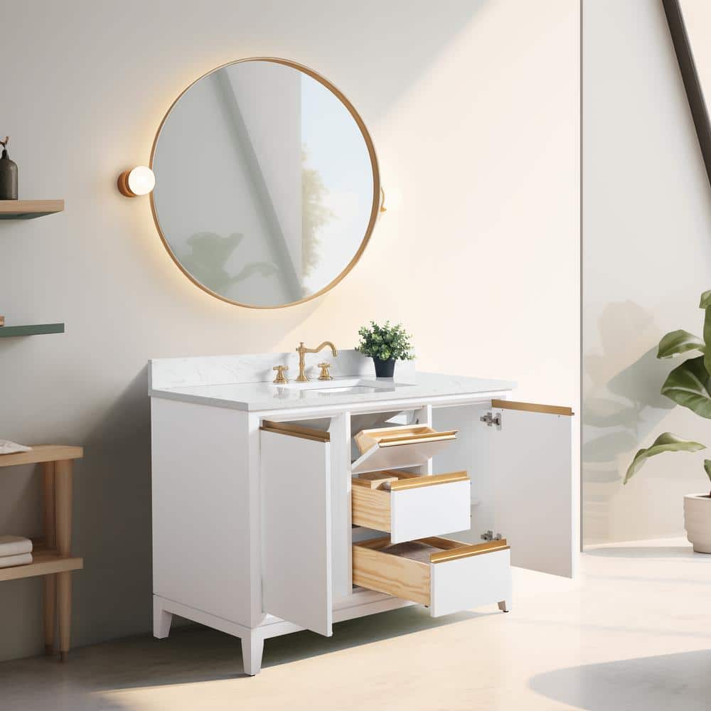 Vanity Art 48 in. W x 22 in. D x 34 in. H Single Sink Bathroom Vanity in White Engineered Marble Top