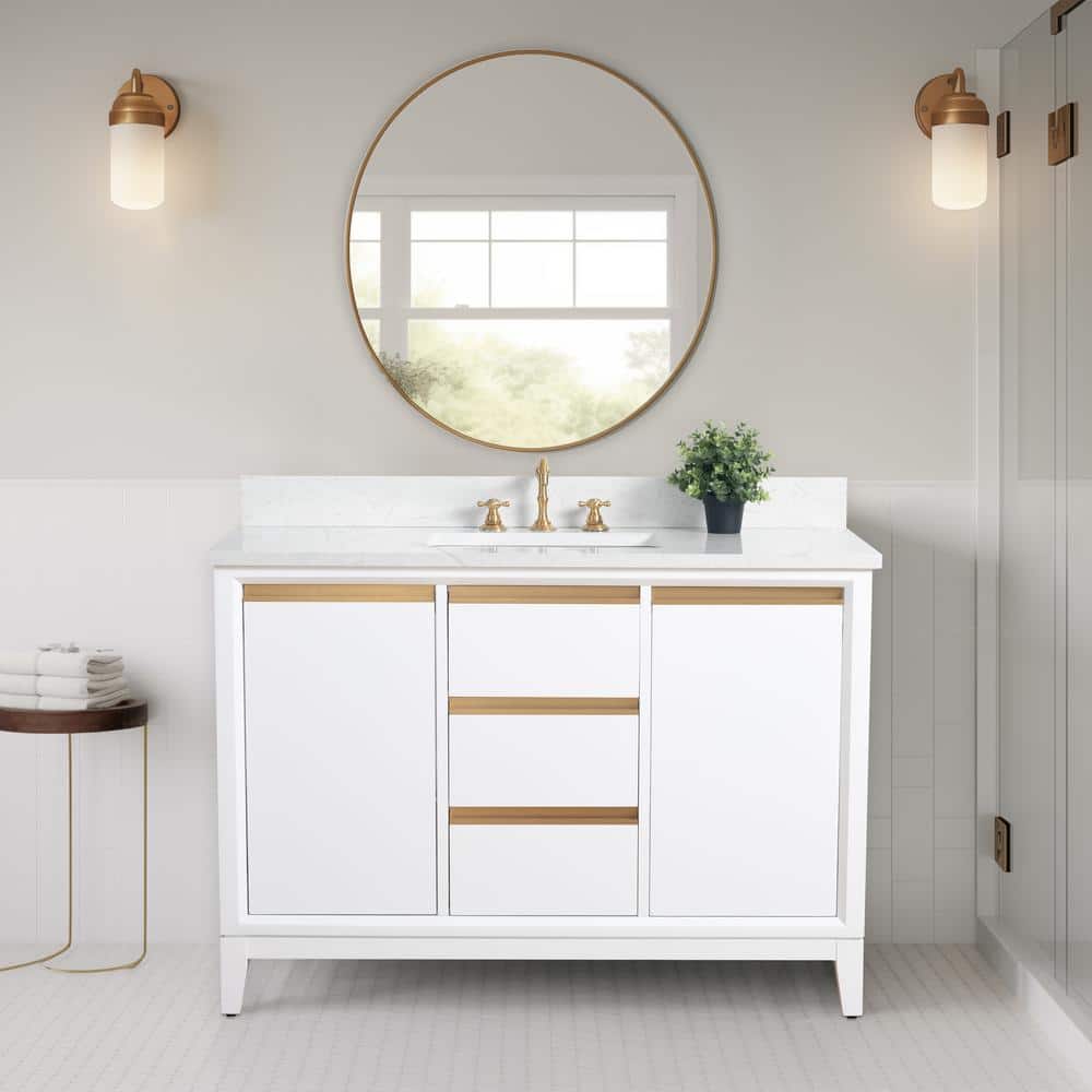 Vanity Art 48 in. W x 22 in. D x 34 in. H Single Sink Bathroom Vanity in White Engineered Marble Top