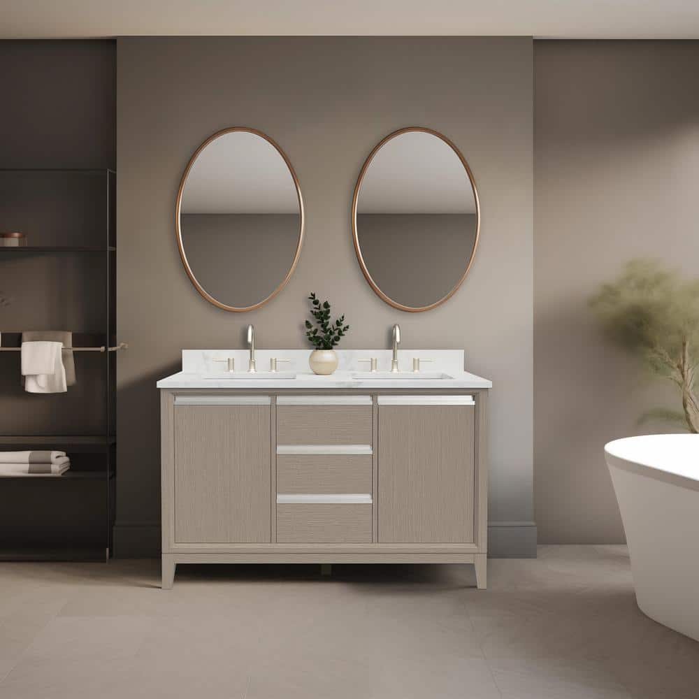 Vanity Art 54 in. W x 22 in. D x 34 in. H Double Sink Bathroom Vanity in Driftwood Gray with Engineered Marble Top