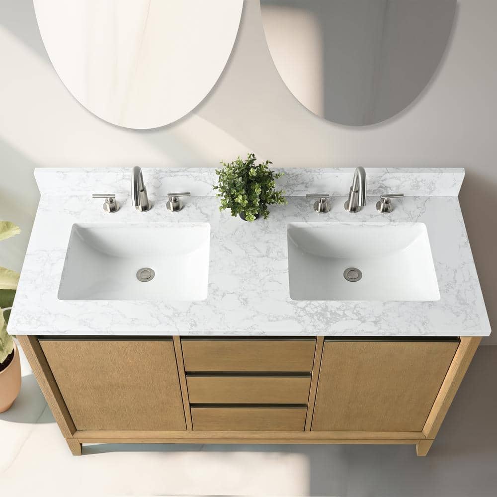 Vanity Art 54 in. W x 22 in. D x 34 in. H Double Sink Bathroom Vanity in Natural Oak with Engineered Marble Top