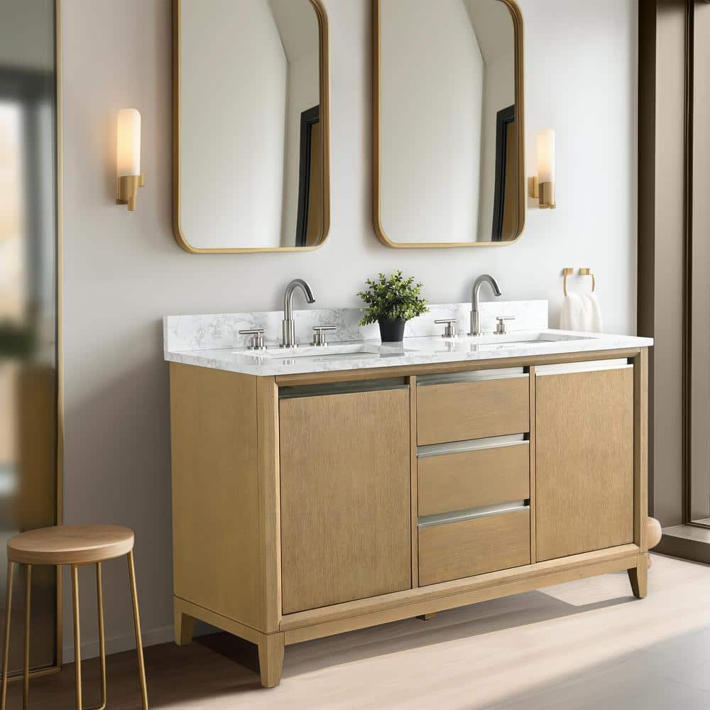 Vanity Art 54 in. W x 22 in. D x 34 in. H Double Sink Bathroom Vanity in Natural Oak with Engineered Marble Top